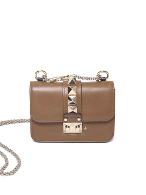 Valentino Tan Leather Rockstud Glam Lock Mini Crossbody Bag