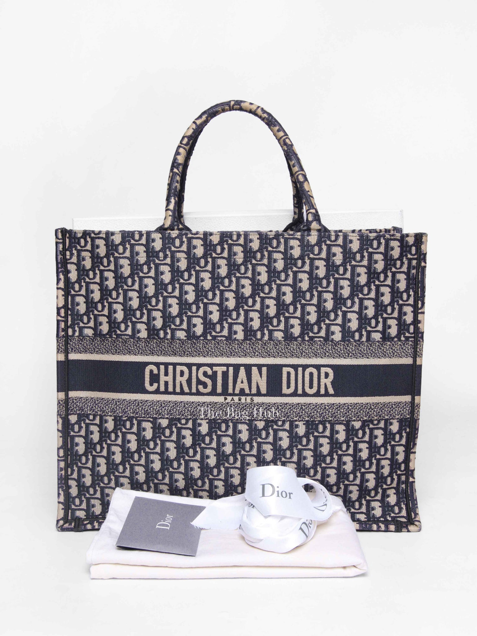 Christian Dior Ecru/Blue Oblique Embroidery Large Book Tote