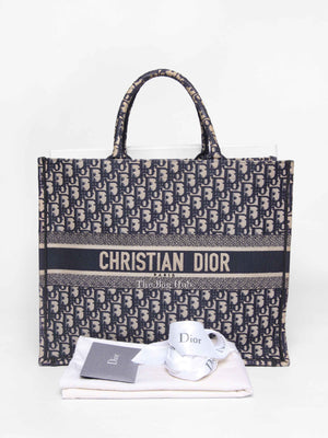 Christian Dior Ecru/Blue Oblique Embroidery Large Book Tote