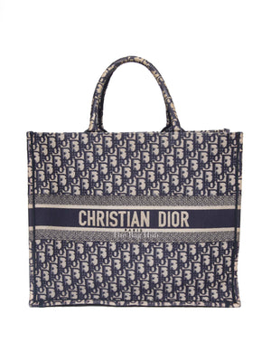 Christian Dior Ecru/Blue Oblique Embroidery Large Book Tote