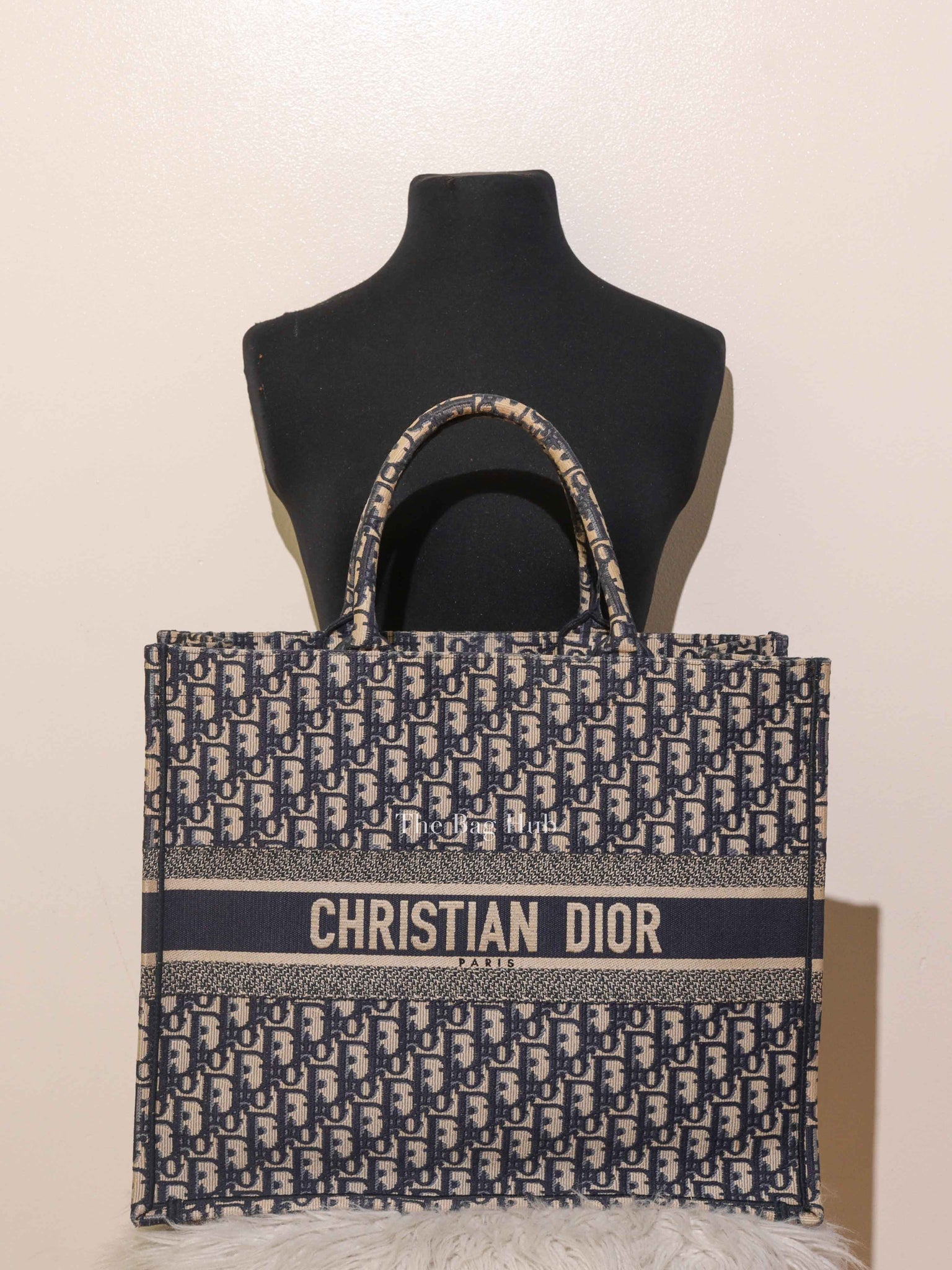 Christian Dior Ecru/Blue Oblique Embroidery Large Book Tote