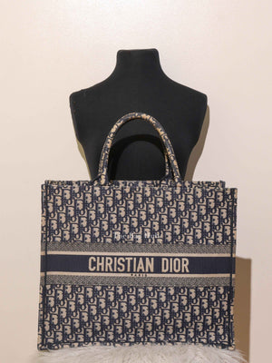 Christian Dior Ecru/Blue Oblique Embroidery Large Book Tote