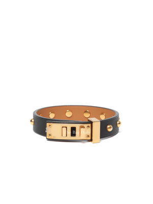Hermes Black Swift Leather Mini Dog Clous Ronds Bracelet T3 GHW