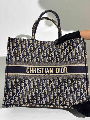 Christian Dior Ecru/Blue Oblique Embroidery Large Book Tote