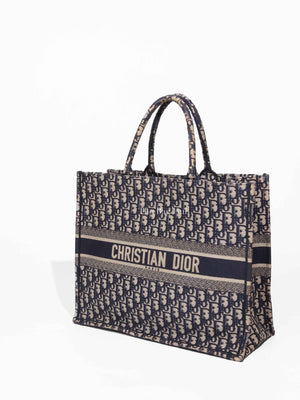 Christian Dior Ecru/Blue Oblique Embroidery Large Book Tote