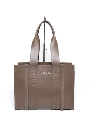 Chloe Taupe Leather Woody Embroidered Medium Tote Bag