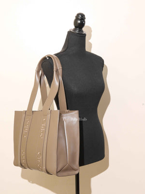 Chloe Taupe Leather Woody Embroidered Medium Tote Bag