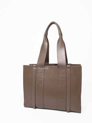 Chloe Taupe Leather Woody Embroidered Medium Tote Bag