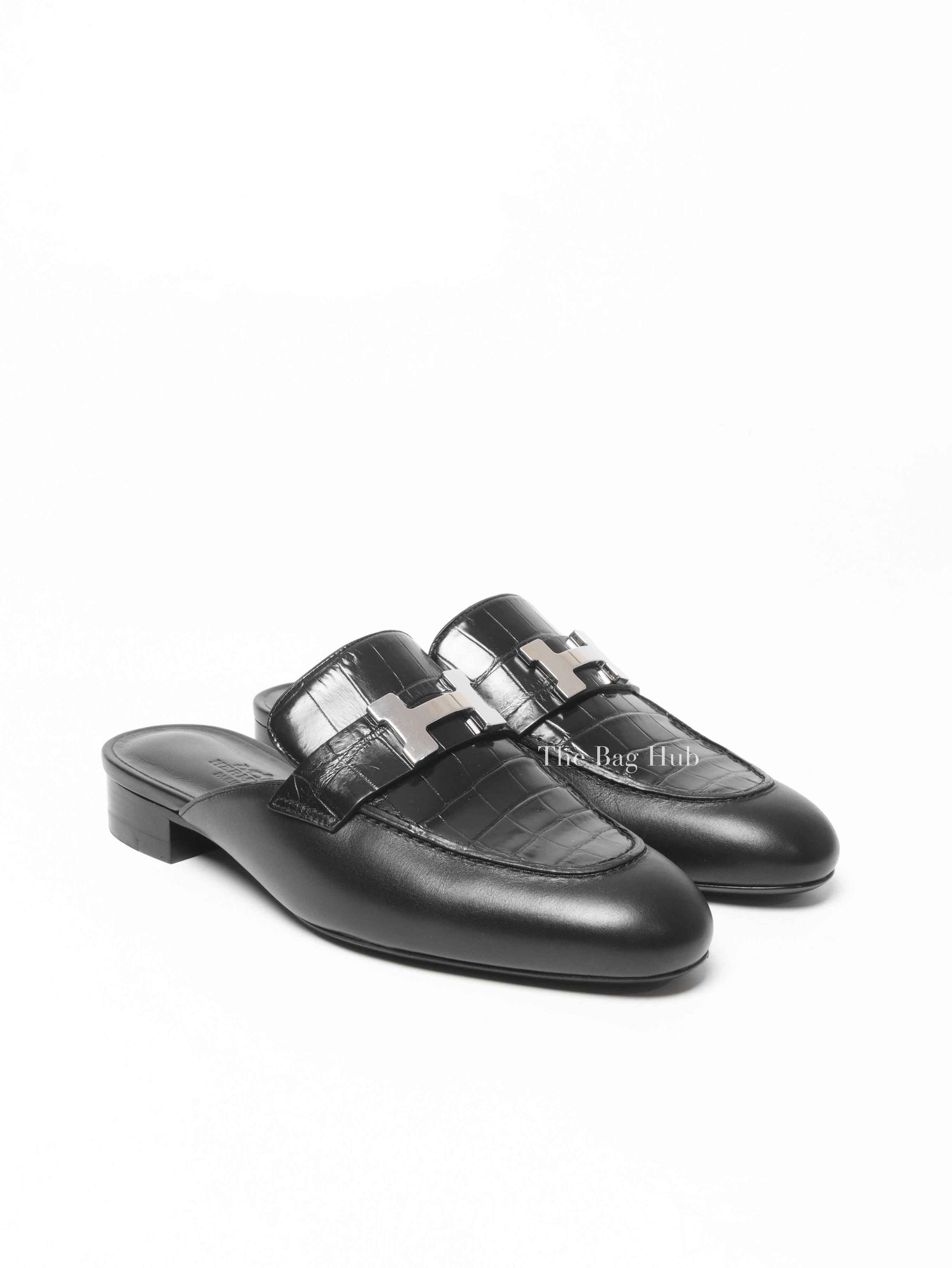 Hermes Black Croc Embossed Trocadero Mules Size 35