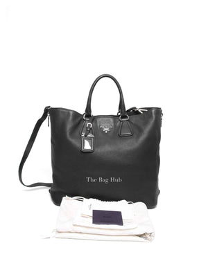 Prada Black Vitello Daino Leather Side Zip Shopping Tote BAG BN2419