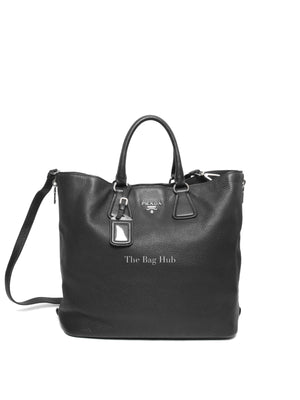 Prada Black Vitello Daino Leather Side Zip Shopping Tote BAG BN2419