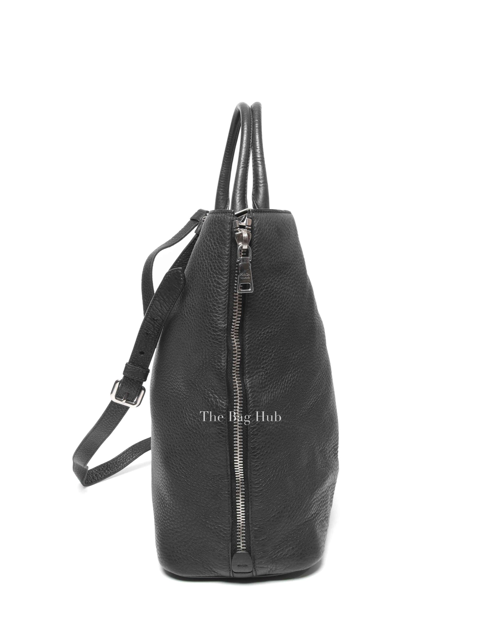 Prada Black Vitello Daino Leather Side Zip Shopping Tote BAG BN2419