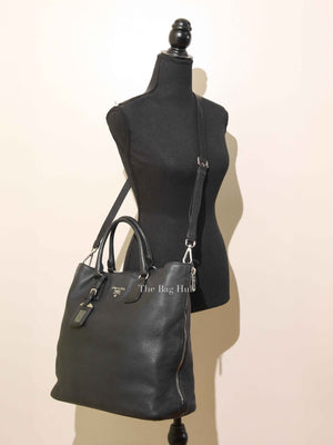 Prada Black Vitello Daino Leather Side Zip Shopping Tote BAG BN2419