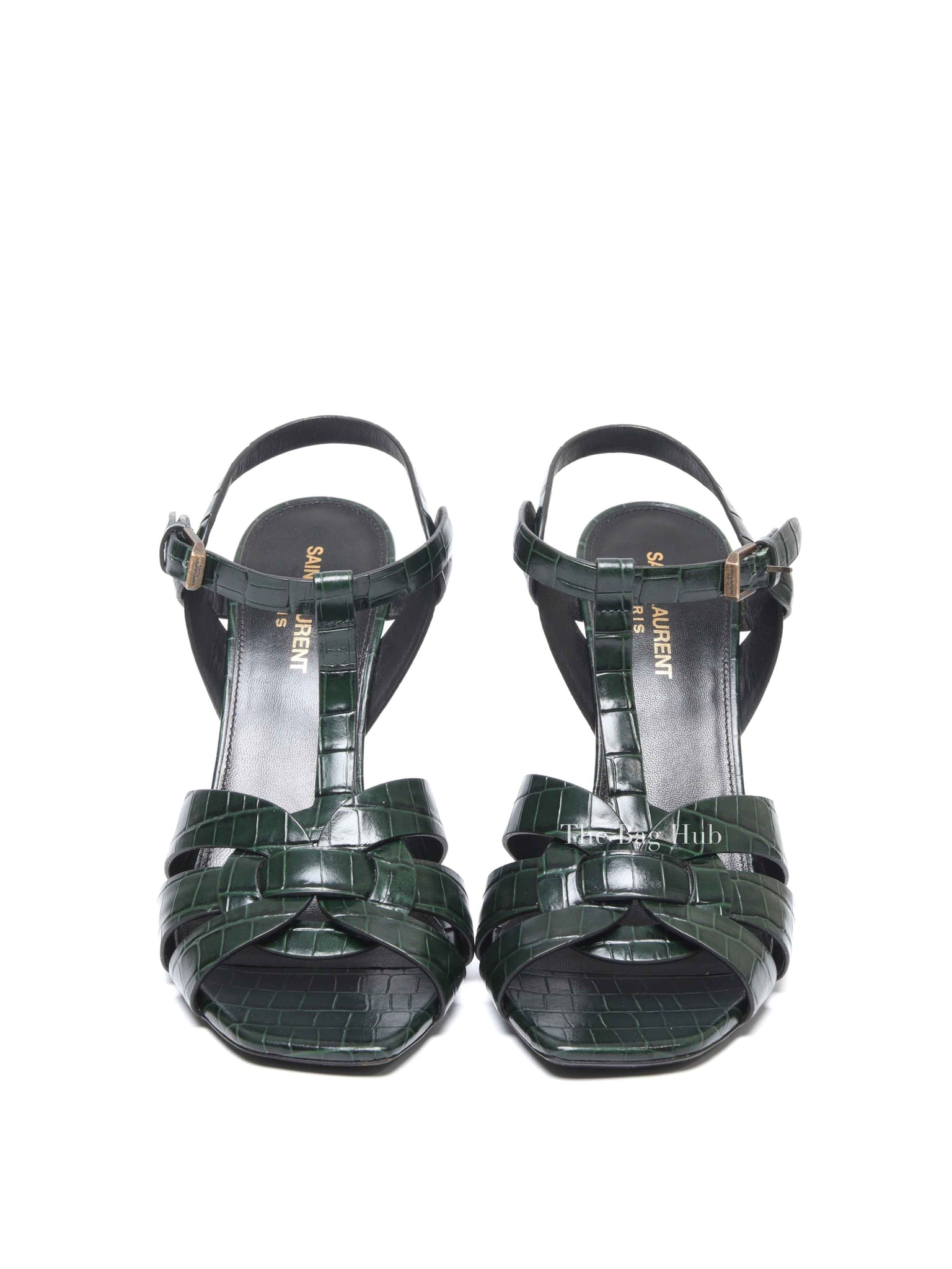 Saint Laurent Green Croc Embossed Leather Tribute Platform Sandals Size 39