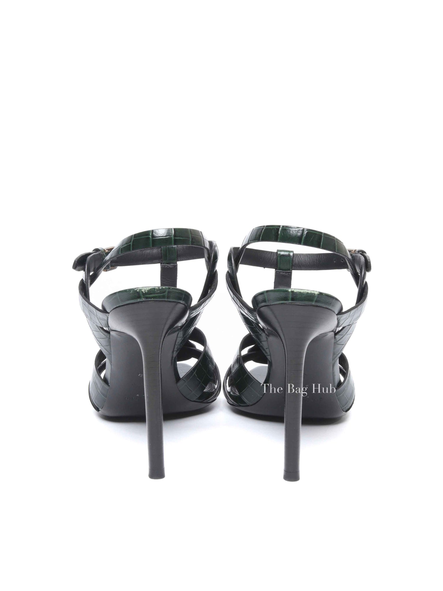 Saint Laurent Green Croc Embossed Leather Tribute Platform Sandals Size 39