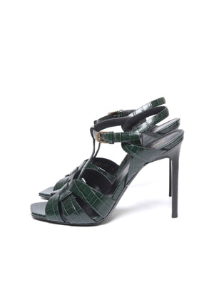 Saint Laurent Green Croc Embossed Leather Tribute Platform Sandals Size 39