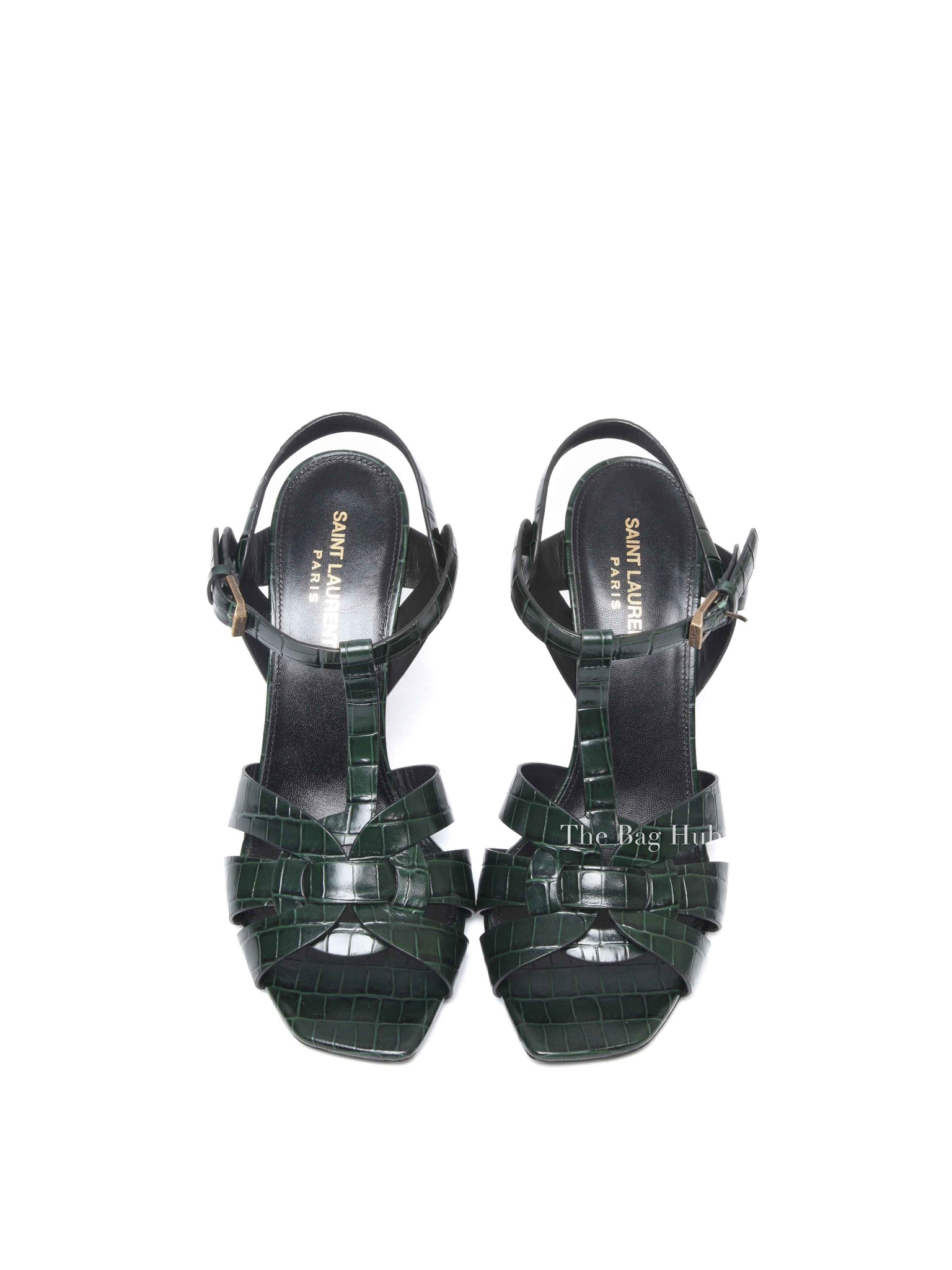 Saint Laurent Green Croc Embossed Leather Tribute Platform Sandals Size 39