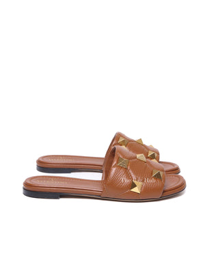 Valentino Brown Leather Roman Stud Flat Slides Size 37