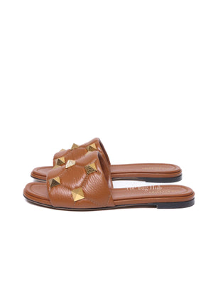 Valentino Brown Leather Roman Stud Flat Slides Size 37