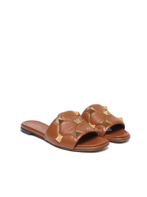 Valentino Brown Leather Roman Stud Flat Slides Size 37