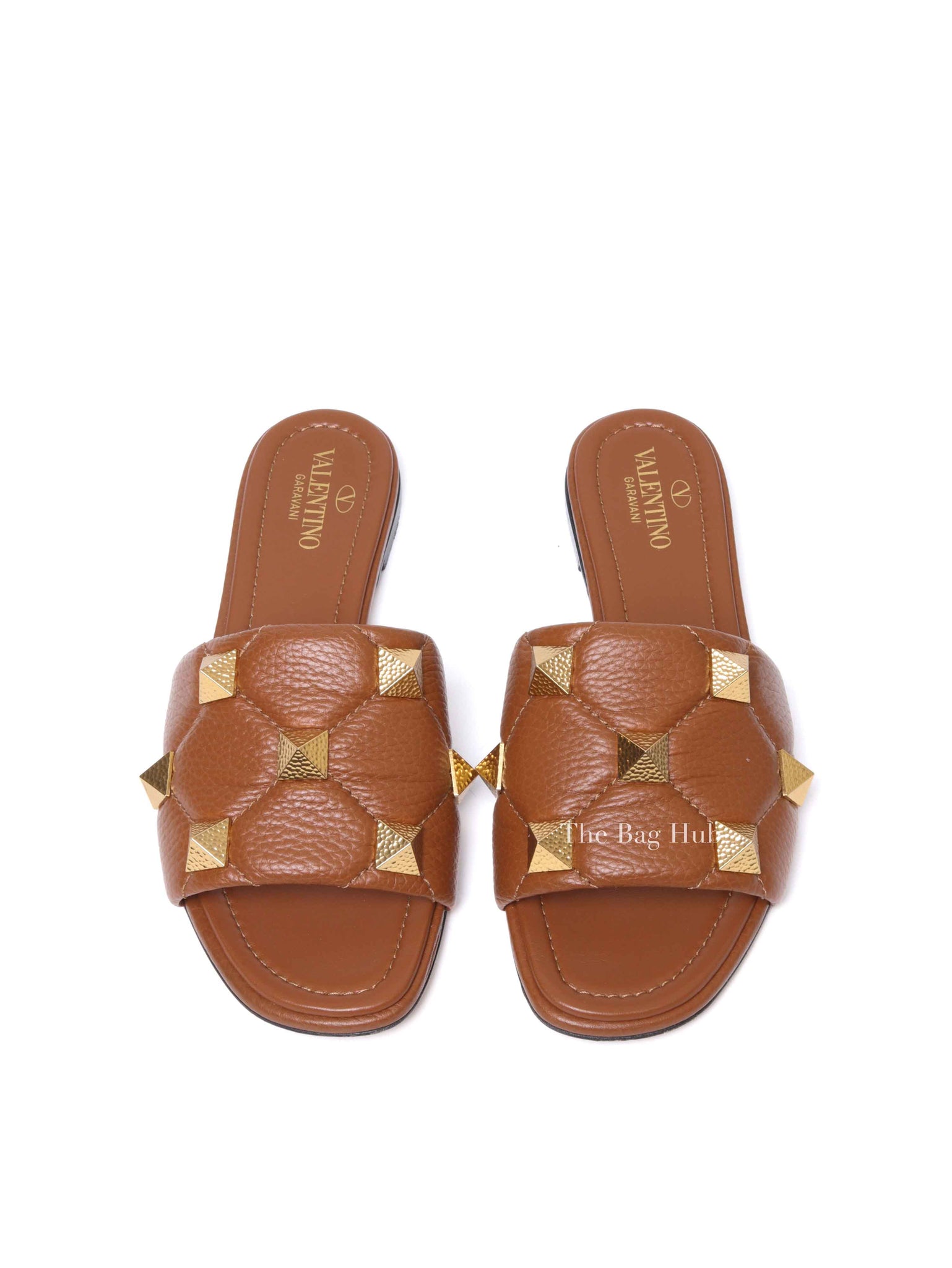 Valentino Brown Leather Roman Stud Flat Slides Size 37