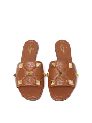 Valentino Brown Leather Roman Stud Flat Slides Size 37