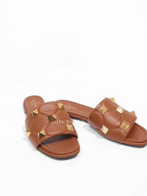 Valentino Brown Leather Roman Stud Flat Slides Size 37