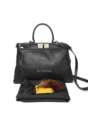 Fendi Black Vitello Morgan Shiny Nappa Medium Peekaboo Iconic Satchel with Fur Bag Charm