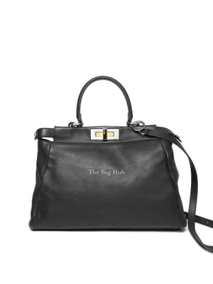 Fendi Black Vitello Morgan Shiny Nappa Medium Peekaboo Iconic Satchel with Fur Bag Charm