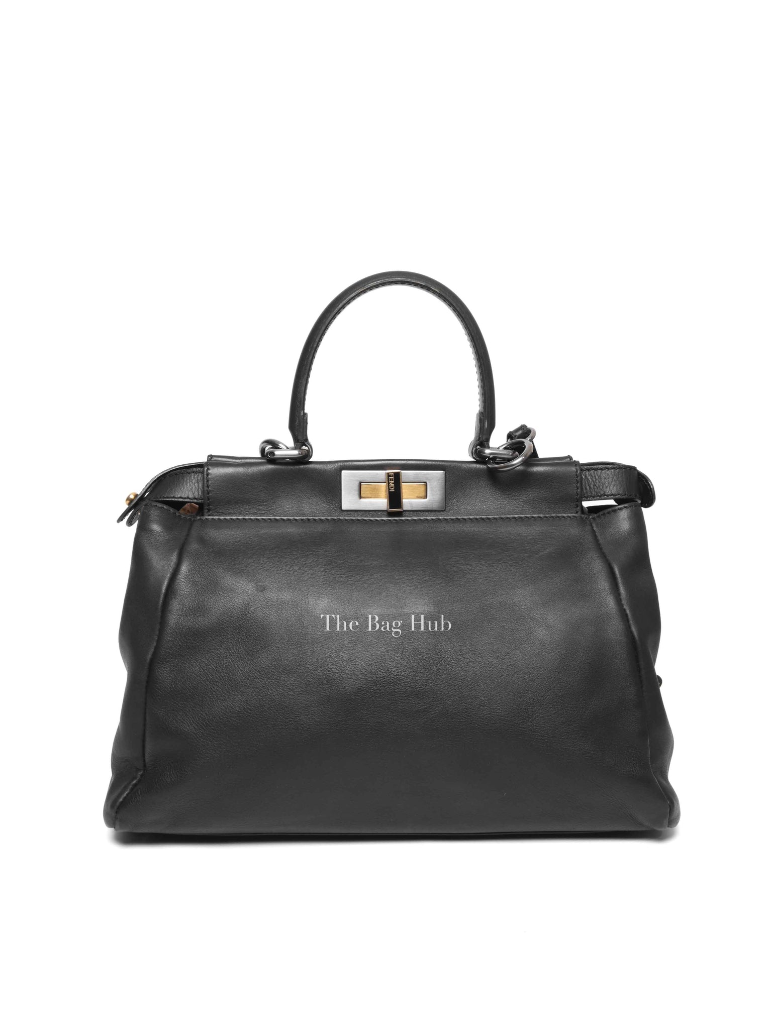 Fendi Black Vitello Morgan Shiny Nappa Medium Peekaboo Iconic Satchel with Fur Bag Charm