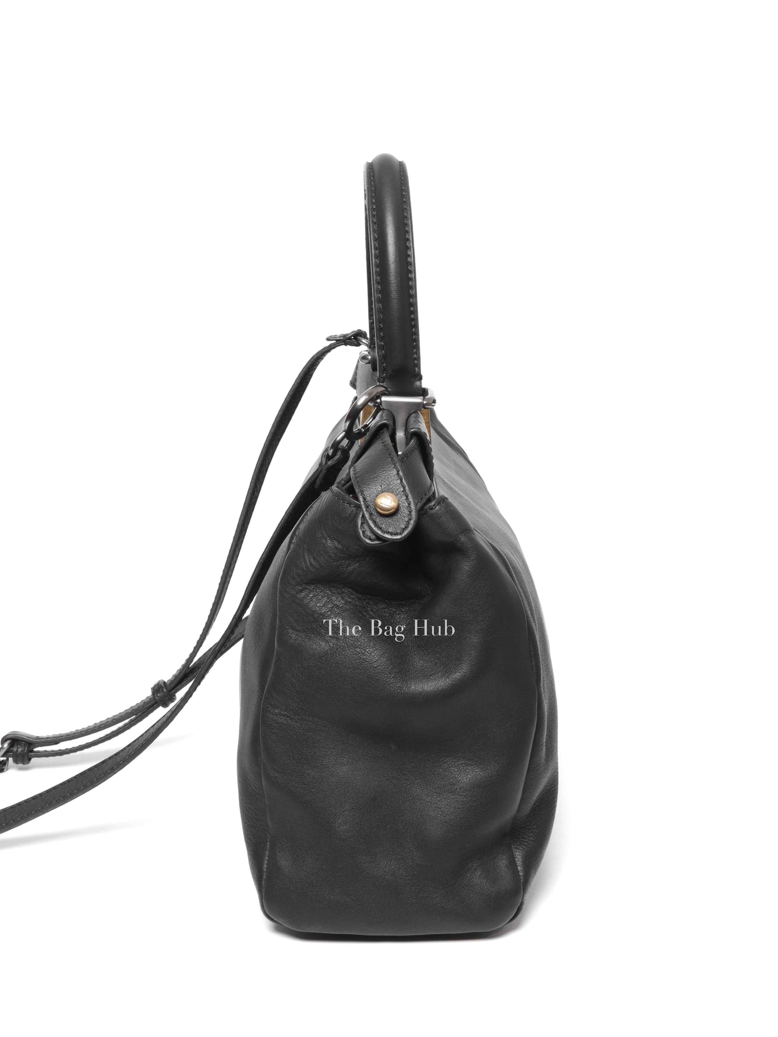 Fendi Black Vitello Morgan Shiny Nappa Medium Peekaboo Iconic Satchel with Fur Bag Charm