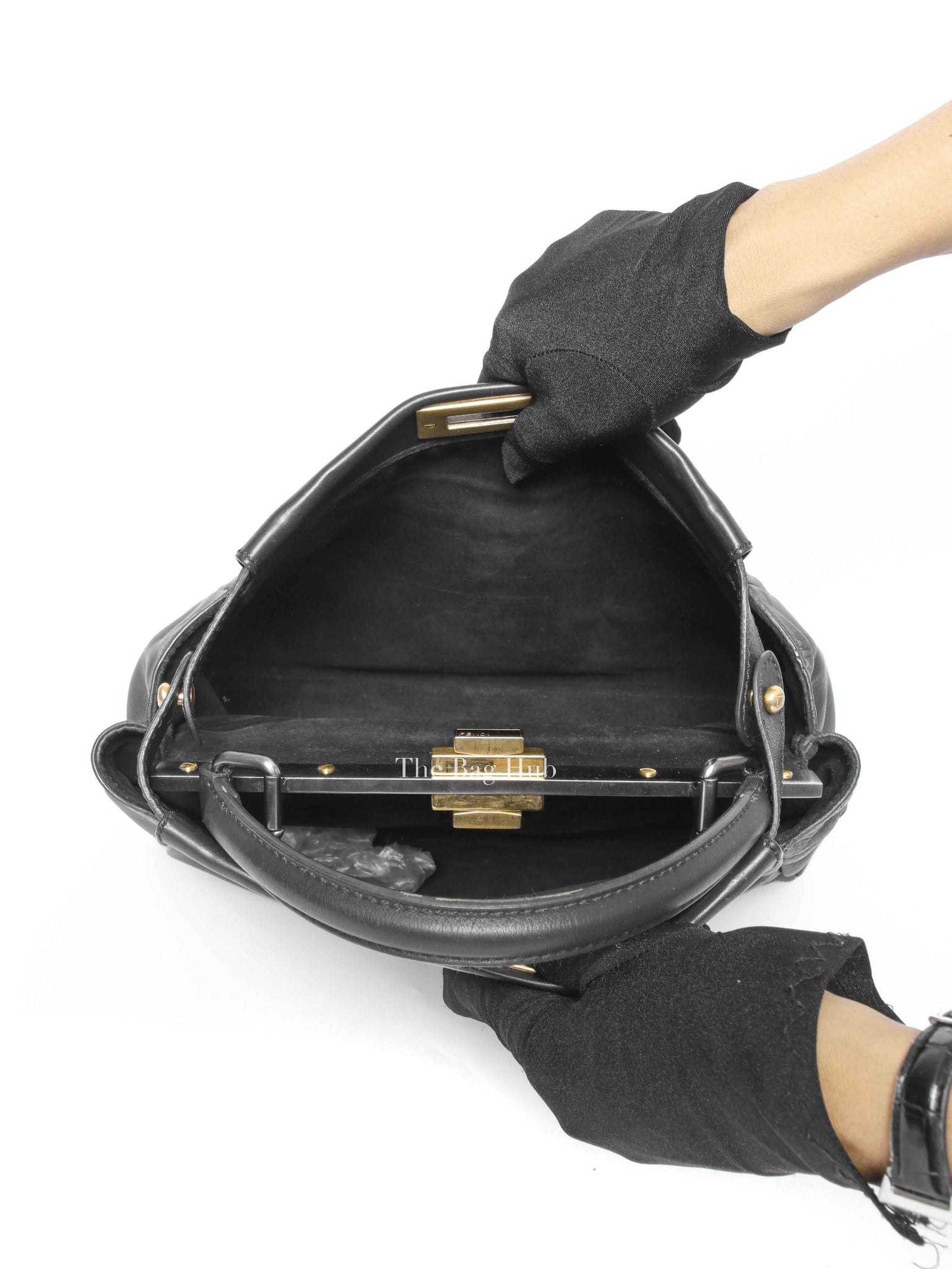 Fendi Black Vitello Morgan Shiny Nappa Medium Peekaboo Iconic Satchel with Fur Bag Charm
