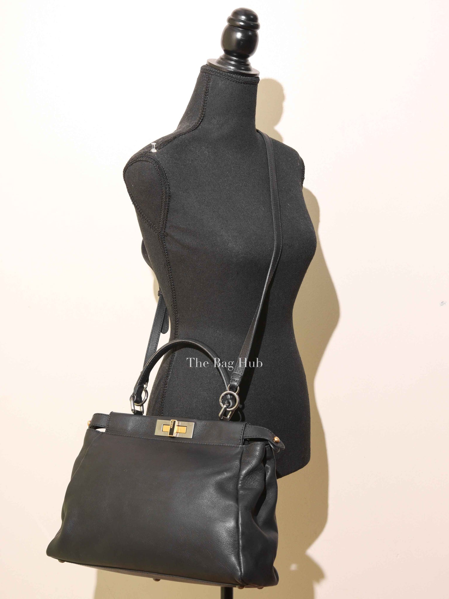 Fendi Black Vitello Morgan Shiny Nappa Medium Peekaboo Iconic Satchel with Fur Bag Charm
