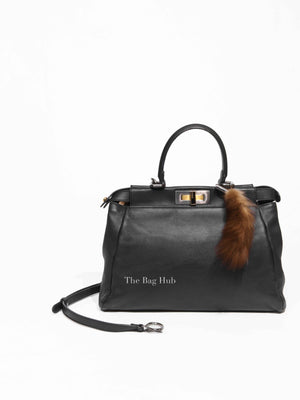 Fendi Black Vitello Morgan Shiny Nappa Medium Peekaboo Iconic Satchel with Fur Bag Charm