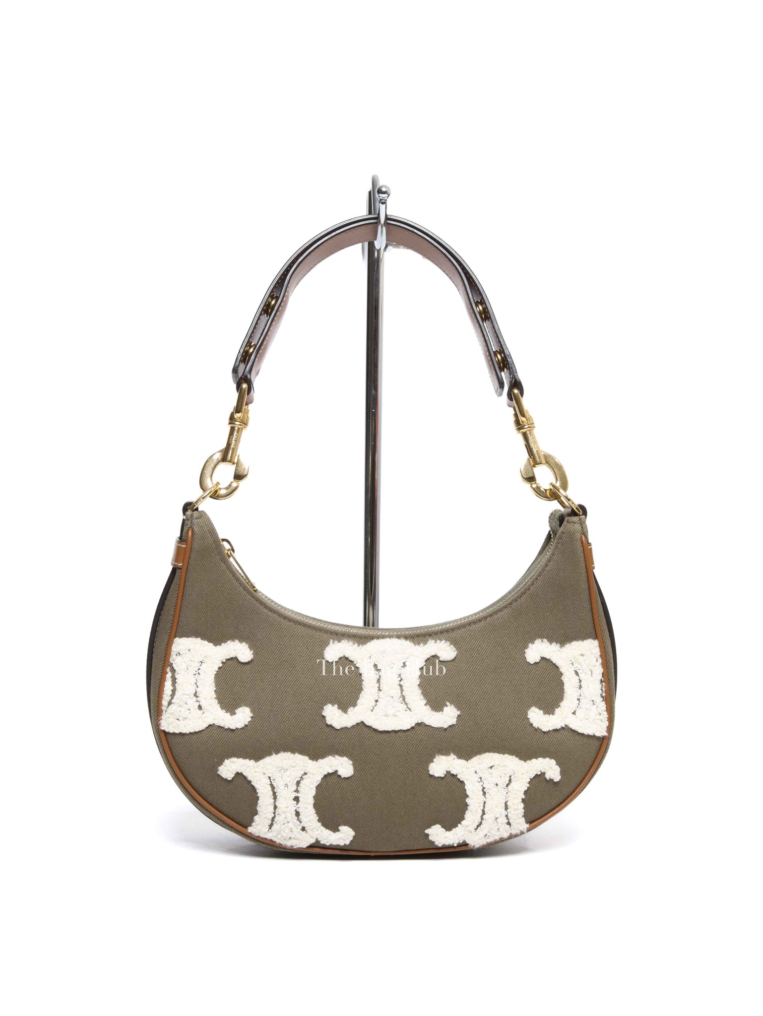 Celine Khaki/Tan Cotton/Gabardine Bouclette Embroidered Medium Strap Ava Triomphe Shoulder Bag