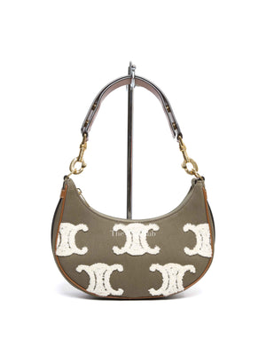 Celine Khaki/Tan Cotton/Gabardine Bouclette Embroidered Medium Strap Ava Triomphe Shoulder Bag