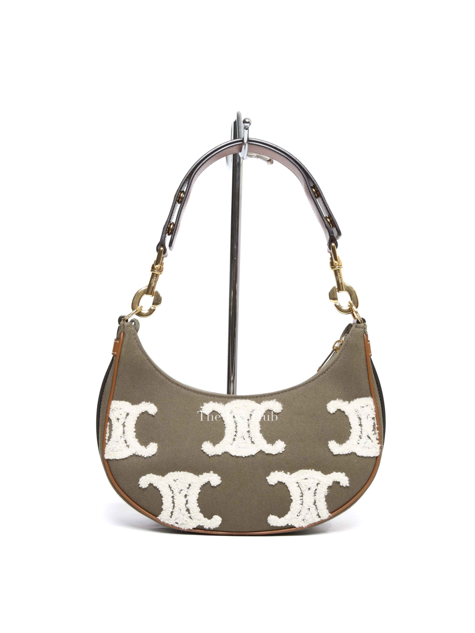 Celine Khaki/Tan Cotton/Gabardine Bouclette Embroidered Medium Strap Ava Triomphe Shoulder Bag