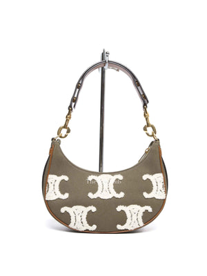Celine Khaki/Tan Cotton/Gabardine Bouclette Embroidered Medium Strap Ava Triomphe Shoulder Bag