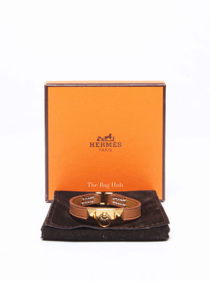 Hermes Gold Leather Gold Plated Mini Rivale Bracelet