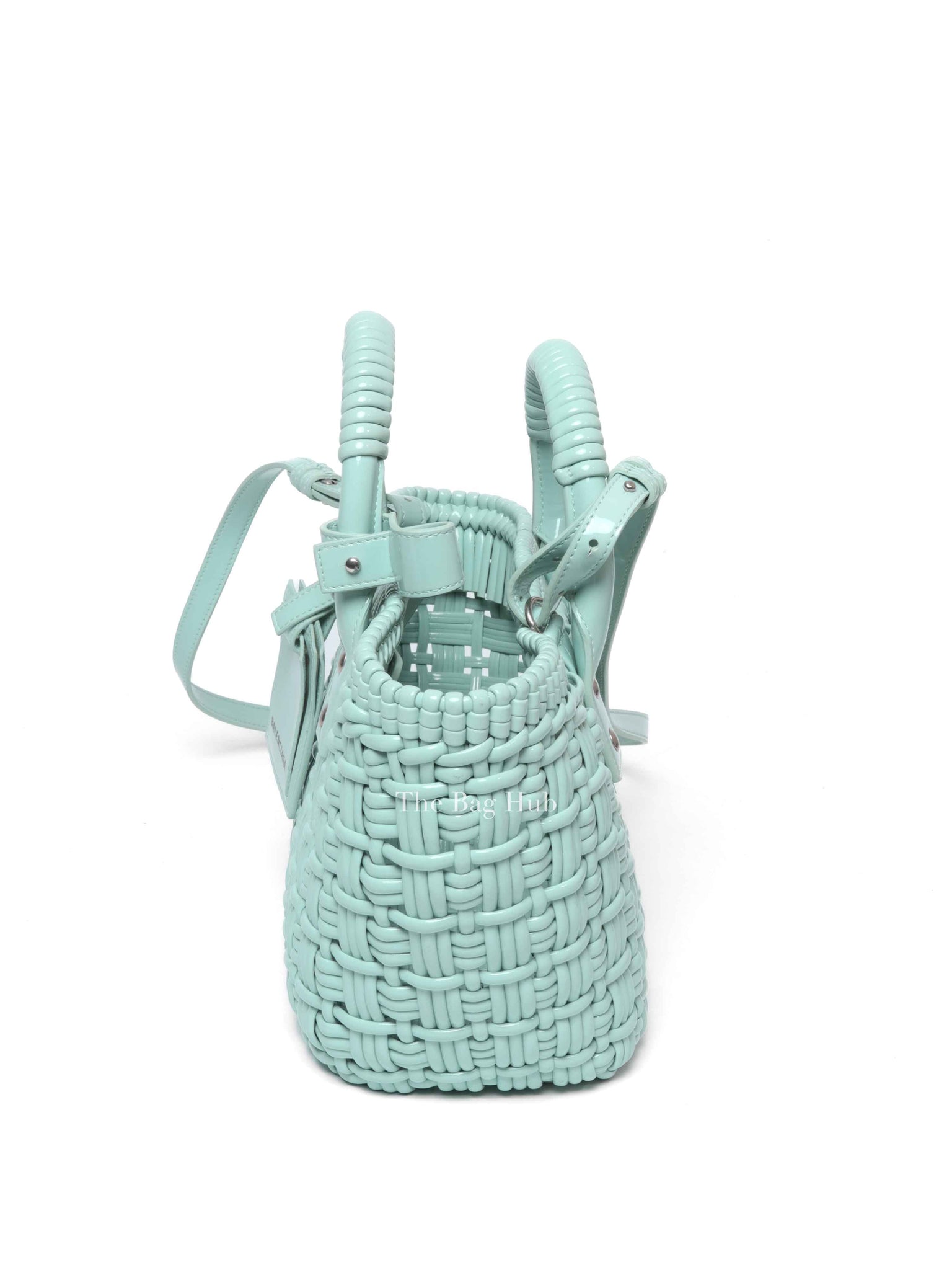 Balenciaga Light Blue Varnished Faux Calfskin Braided XS Bistro Basket