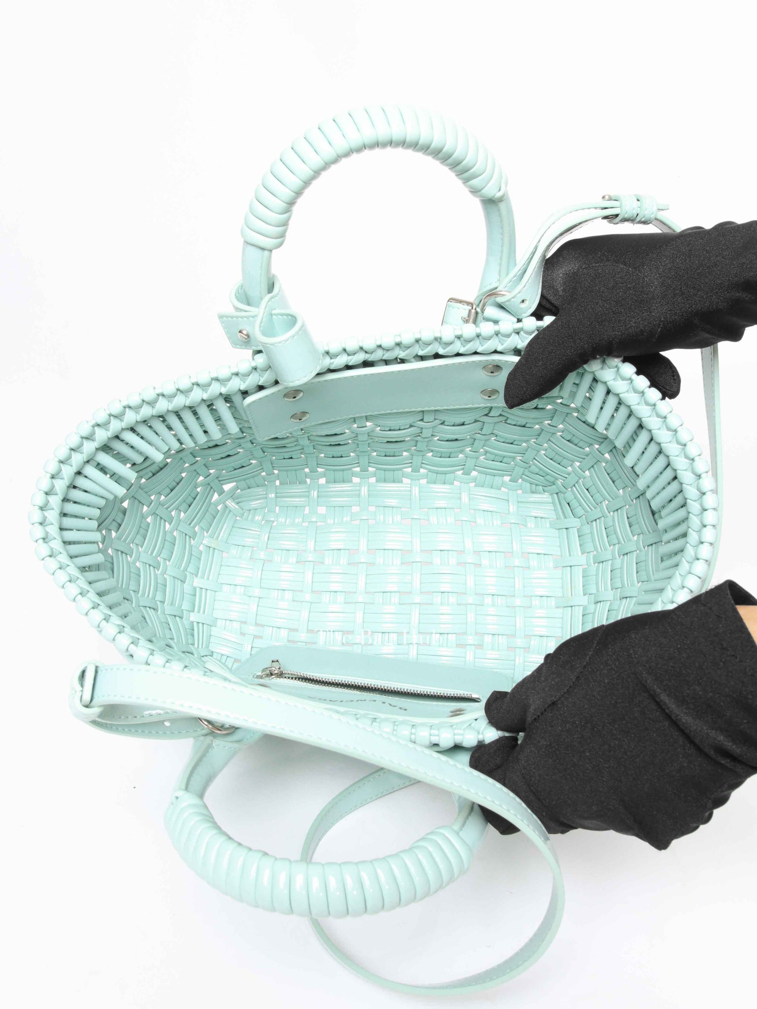 Balenciaga Light Blue Varnished Faux Calfskin Braided XS Bistro Basket