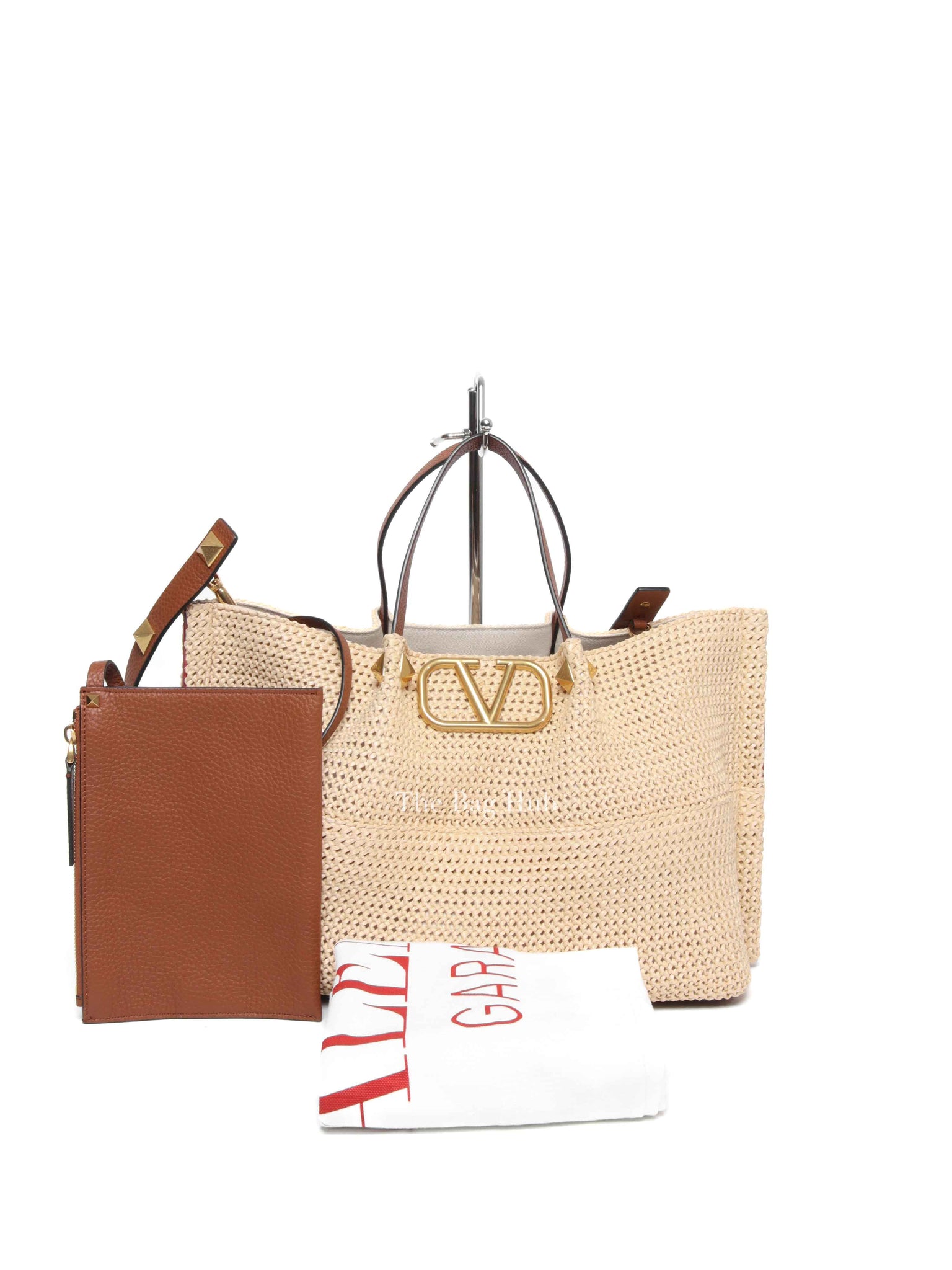 Valentino Tan/Natural Synthetic Woven Raffia and Leather Medium Summer Tote Bag