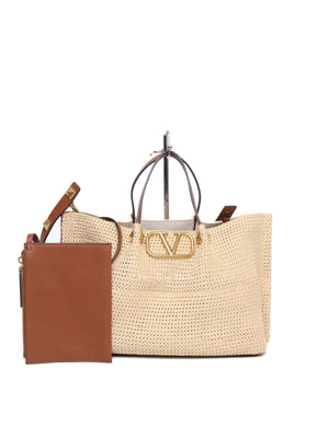 Valentino Tan/Natural Synthetic Woven Raffia and Leather Medium Summer Tote Bag