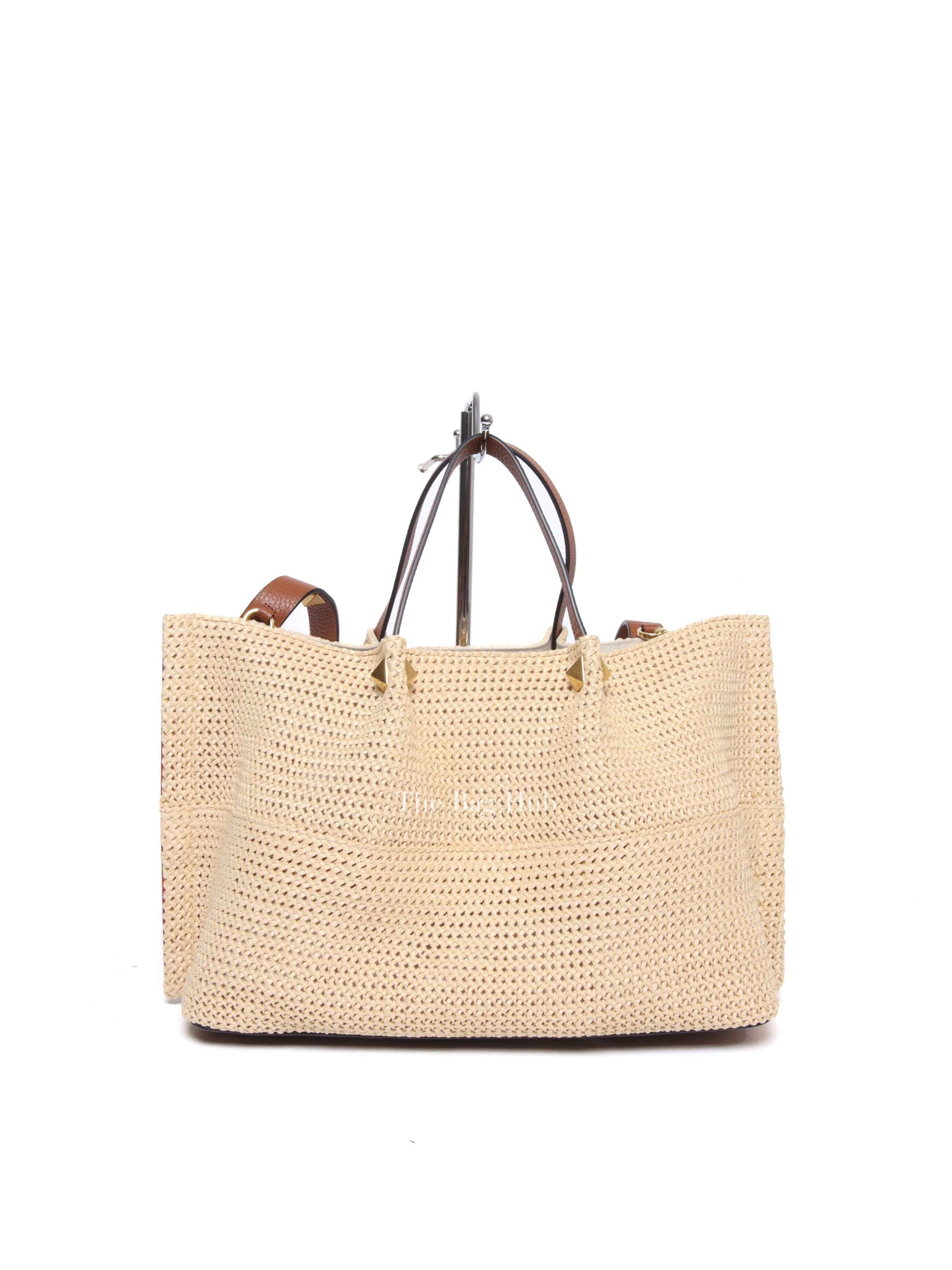 Valentino Tan/Natural Synthetic Woven Raffia and Leather Medium Summer Tote Bag