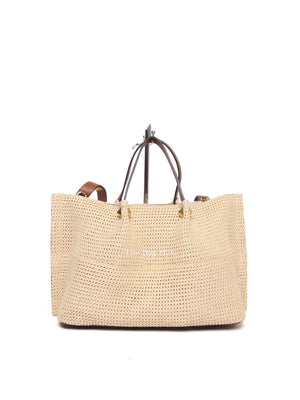Valentino Tan/Natural Synthetic Woven Raffia and Leather Medium Summer Tote Bag