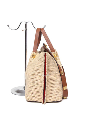 Valentino Tan/Natural Synthetic Woven Raffia and Leather Medium Summer Tote Bag