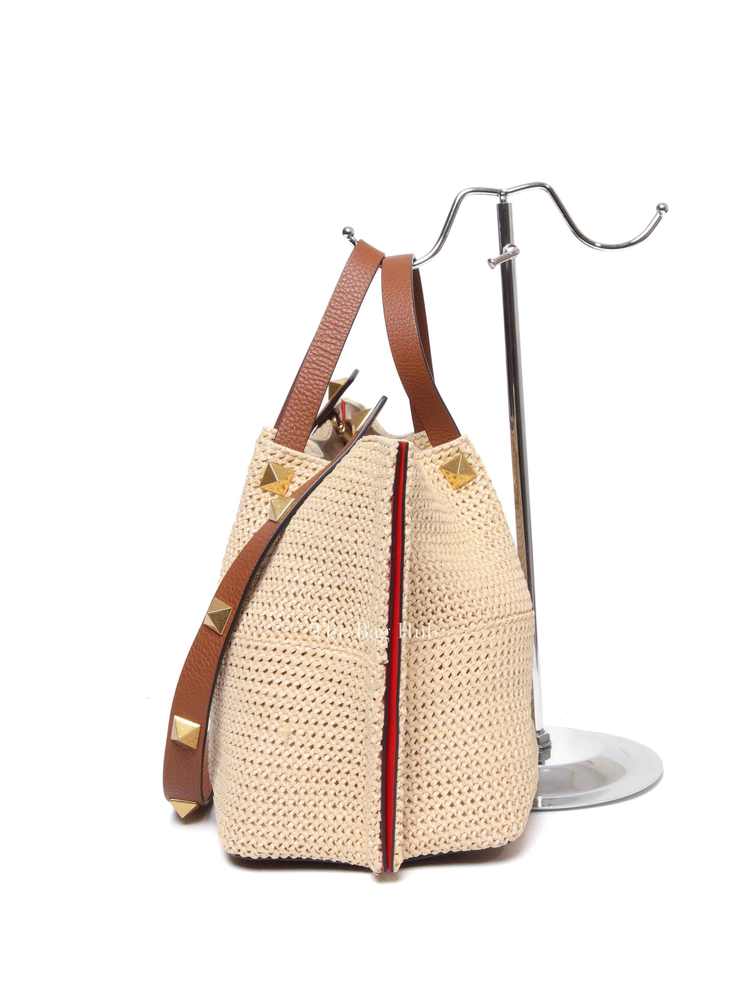Valentino Tan/Natural Synthetic Woven Raffia and Leather Medium Summer Tote Bag