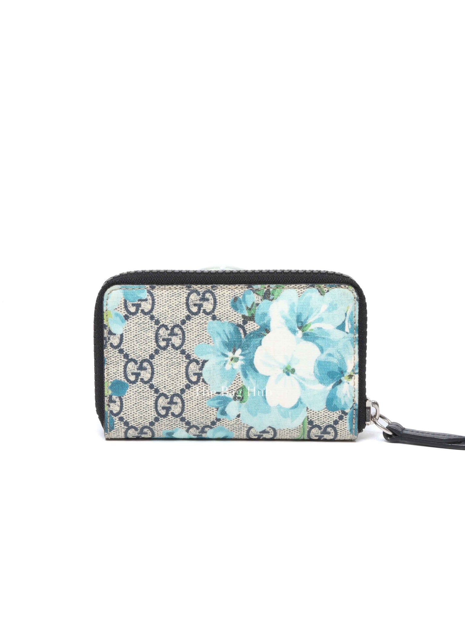 Gucci Beige/Blue Navy GG Supreme Monogram Blooms Zip Around Card Case Wallet