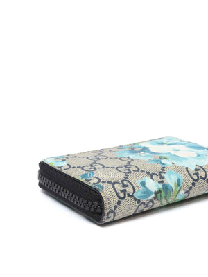 Gucci Beige/Blue Navy GG Supreme Monogram Blooms Zip Around Card Case Wallet
