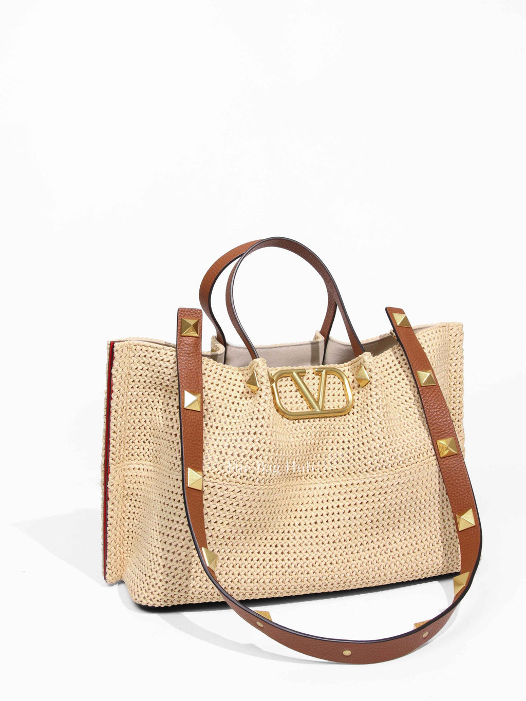 Valentino Tan/Natural Synthetic Woven Raffia and Leather Medium Summer Tote Bag